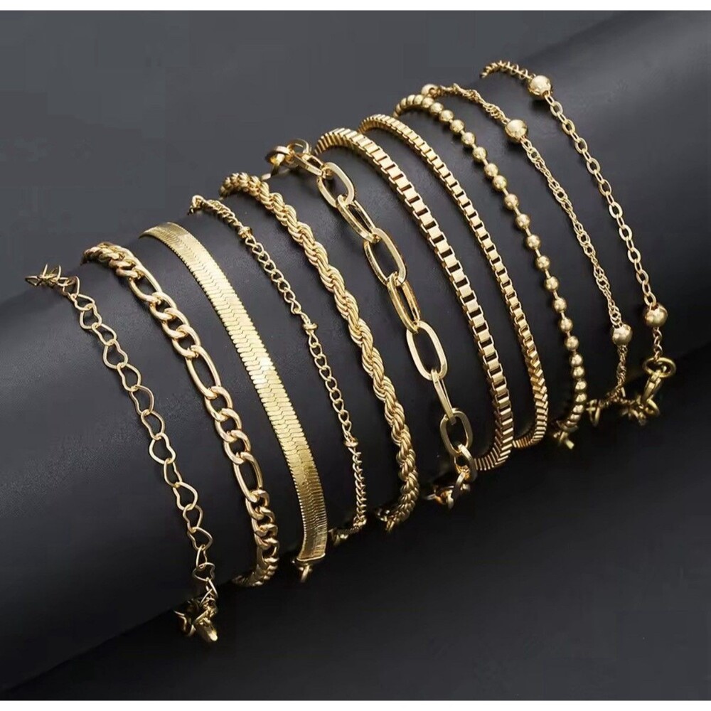 Gold Tone Chain Bracelet Set Cable Snake Figaro Curb Ball Bead Styles